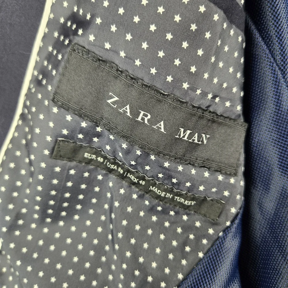 Zara Blazer Jacket Mens 38 Navy Blue Stretchy 2 Buttons Modern Cocktail Career
